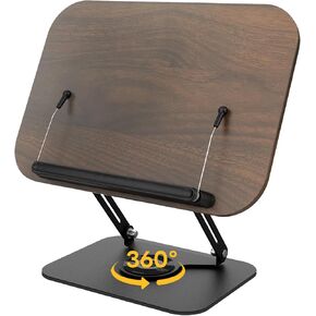Book Stand for Reading, Adjustable Book Holders for Reading Hands Free with360° Swivel Base, Wood Desktop Book Rest for Display Cookbook, Drawing, Recipe, Textbook, Tablets, Laptops (Black)