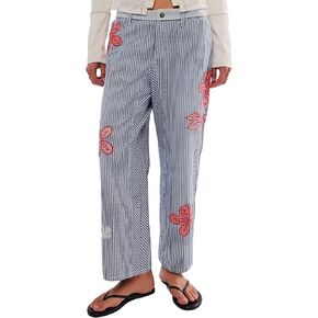 Kedera Women's Striped Pants Wide Leg Trousers Casual High Waisted Fun Pants Flare Leg Barrel Jeans with Floral Patches