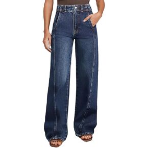 Flamingals Stright Leg High Rise Baggy Button Wash Seam Front Split Detail Denim Jeans with Pockets