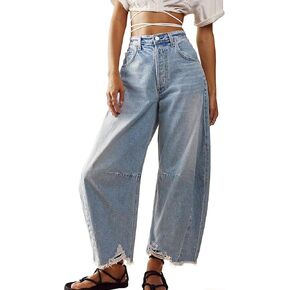 LONGBIDA Barrel Jeans for Women Wide Baggy Leg Mid Waist Cropped Barrel Ankle Horseshoe Denim Pants