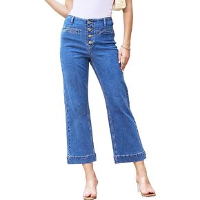 MONTVOO Women's Cropped Jeans Trendy Stretch High Waisted Denim Pants Straight Tummy Control Capri Button Fly Denim Jean
