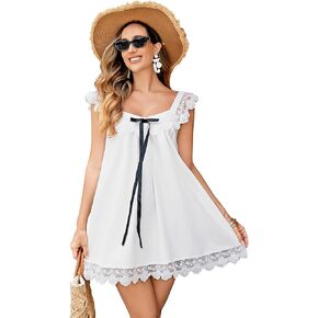 Women Chic Lace Trim Cotton Mini Dress Elegant Women's Summer Casual Dress