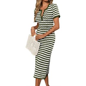 Cicy Bell Womens Striped Sweater Dress Hollow Out Short Sleeve Rickrack Color Block Button Crochet Knit Midi Dresses
