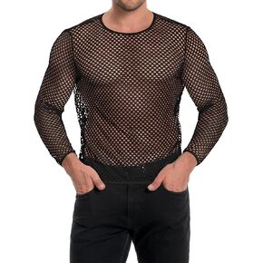 Men's Mesh Fishnet Top Long Sleeve Sheer See Through T Shirt Fitted Muscle Blouse Clubwear