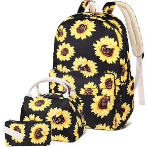 DUPHLAGT Kids Backpack for Girls with Lunch Box, Water Resistant Casual School Bag, Pencil Case, Lightweight Elementary Daypack School Backpack for Teen Girls (Sunflower)