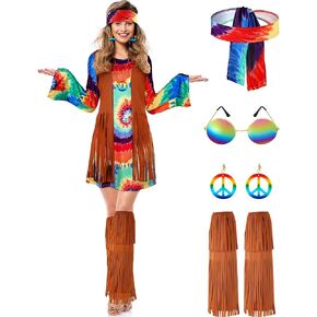SATINIOR 70s 60s Hippie Costume Set 70s Outfits Accessories Halloween Women Disco Dress for Carnival Party