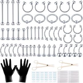 104pcs Piercing Kit 14G16G Belly Button Piercing Kit Septum Piercing Kit Belly Piercing Kit Piercing Kits for all piercings (Stainless steel color)
