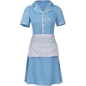 iSHOWcos Musical Waitress Cosplay Costume Women Blue Maid Dress Uniform with Apron Outfit