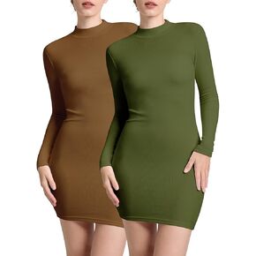 Ullnoy 2 Pack Women's Mock Neck Bodycon Dress Long Sleeve Ribbed Mini Dress Knitted Pencil Dresses Sexy
