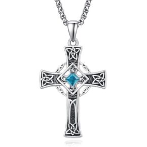 ADMETUS Birthstone Cross Necklace 925 Sterling Silver Celtic Cross Necklace for Men January-December Irish Jewelry Birthstone Gifts for Men with 2.5mm 22"+2" Rolo Chain