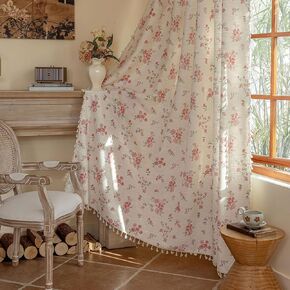 OYX Boho Curtains 96 in Long, Floral Pink Printed Curtains, Semi Sheer Floral Curtains, Rod Pocket Farmhouse Boho Curtains for Living Rooms Bedroom Curtains 2 Panel Sets Breathable with Rustic Charm