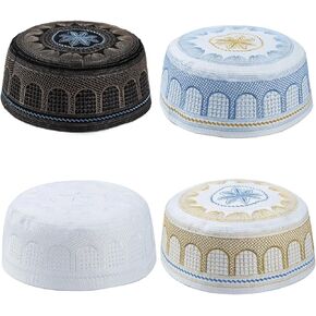 4 Pieces Muslim Prayer Cap Kufi Hat Men Islam Embroidery Arabian Omani Turkish for Eid