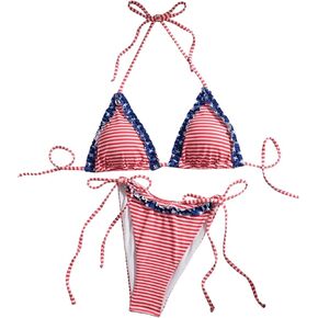 MakeMeChic Women's 2 Piece Bathing Suit Striped Halter Frill Trim High Cut String Thong Summer Bikini Set