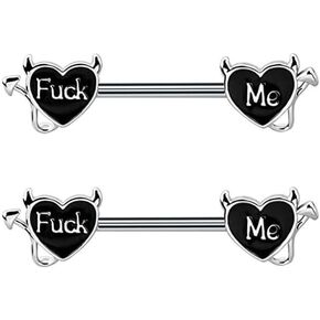 14G Black Heart Letter Nipple Rings Stainless Steel For Women Cum Here Bite Me Devil Heart Nipple Piercing Barbell Body Piercing Jewelry
