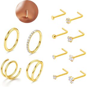 Gold Nose Rings Hoops for Women: Surgical Steel Nose Ring Packs - Nose Stud Nose Piercings Jewelry - 16G 20G 18 Gauge Double Hoop Nose ring - L Shaped Nose Rings for Men - Conch Septum Rings