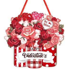 Wooden Valentines Day Door Wreath for Front Door Sign Mason Jars Wall Signs Valentine Decoration, Heart Sign Welcome Hanging Crafts for Home Farmhouse Wall Decor Party Outdoor indoor Supply