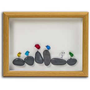 Litepedia Sea Glass Art Wall Decor with Wood Frame - 6 Colorful Sea Glass Birds on Stone,Sea Glass Bird Art Pebbles Art Photo Frame for Desk or Wall,Perfect for Living Room Bedroom Study