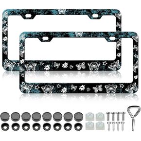 Mountains License Plate Frame - 2 PCS Mountain Raised Cool License Plate Holder, Rust-Proof Stainless Steel Auto Parts License Plate Cover Decoration with Screws Caps for Standard Us 12x6 Inch