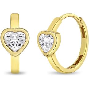 14k Yellow Gold Cubic Zirconia Sparkling Heart Hoop Earrings For Little Girls & Preteens 9mm - Tiny Hoop Earrings For Young Girls With Heart CZ's - Heart Shaped Children's Jewelry