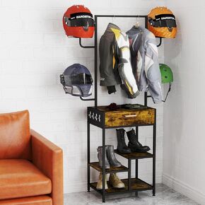 Nisorpa Motorcycle Helmet Holder, Standing Helmet Stand with Drawer Large Helmet Rack with 8 Hooks Tactical Gear Stand Helmet Rack for Storing 4 Motorcycle Helmet Motorcycle Accessories Biker Clothing