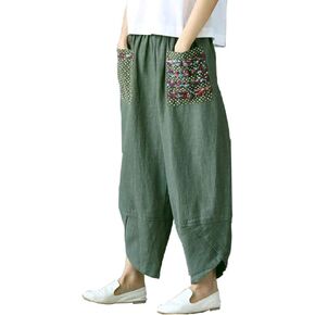 Hwayslon Women's Baggy Linen Wide Leg Trousers Casual Patchwork Elastic Waist Harem Pants Harlan Pants M -XXL