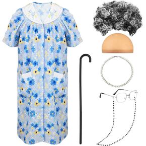 Jiuguva 7 Pcs Old Lady Costume for Kids Girls, 100th Days of School Costume for Kids Granny Nightgown Wig Cane Grandma Dress