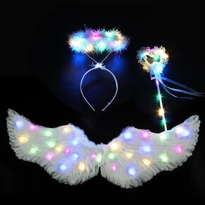 SunnyLisa Angel Wings - Angel Costume for Woman Girls, Light Up Angel Wings and Halo & Wand, Halloween LED Angel Costume Set