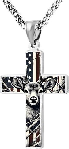 Deer Jungle American Flag Cross Pendant Necklace Patriotic Religious Jewelry Hunting Necklaces Gift For Men Women Stainless Steel in Saudi Arabia