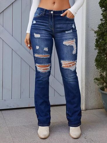 Flamingals Ripped Jeans for Women 90s Vintage Sexy Tummy Control High Waisted Bell Bottom Jeans in Saudi Arabia