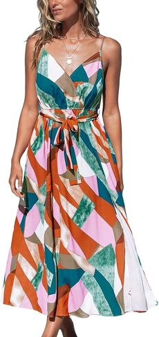 CUPSHE Women's V Neck Beach Dress Abstract Print Belted Sleeveless Midi Dress Slit Summer Dresses, Red S in Saudi Arabia