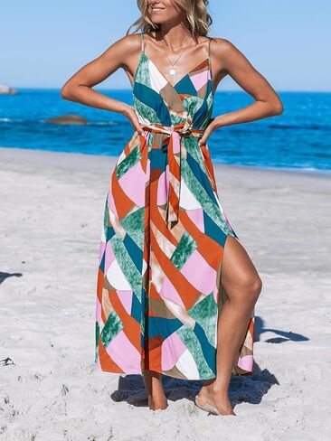 CUPSHE Women's V Neck Beach Dress Abstract Print Belted Sleeveless Midi Dress Slit Summer Dresses, Red S in Saudi Arabia