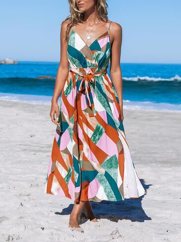 CUPSHE Women's V Neck Beach Dress Abstract Print Belted Sleeveless Midi Dress Slit Summer Dresses, Red S in Saudi Arabia