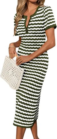 Cicy Bell Womens Striped Sweater Dress Hollow Out Short Sleeve Rickrack Color Block Button Crochet Knit Midi Dresses in Saudi Arabia