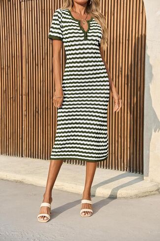 Cicy Bell Womens Striped Sweater Dress Hollow Out Short Sleeve Rickrack Color Block Button Crochet Knit Midi Dresses in Saudi Arabia