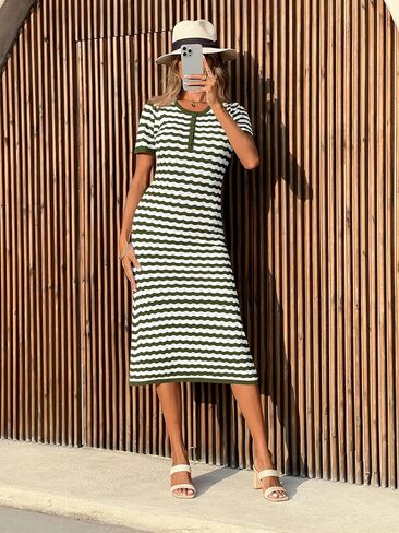 Cicy Bell Womens Striped Sweater Dress Hollow Out Short Sleeve Rickrack Color Block Button Crochet Knit Midi Dresses in Saudi Arabia
