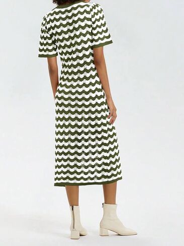 Cicy Bell Womens Striped Sweater Dress Hollow Out Short Sleeve Rickrack Color Block Button Crochet Knit Midi Dresses in Saudi Arabia