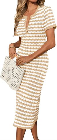 Cicy Bell Womens Striped Sweater Dress Hollow Out Short Sleeve Rickrack Color Block Button Crochet Knit Midi Dresses in Saudi Arabia