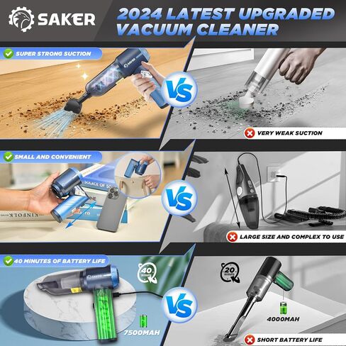 Saker Foldable Car Vacuum Portable Cordless15000PA 3 in 1 Mini Handheld Rechargeable Vacuum Cleaner with Brushless Motor for Car,Office Pet and Home Cleaning HL132 in Kuwait