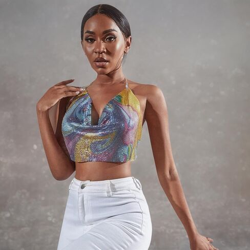 Women Sexy Shiny Rhinestone Tank Top Deep V Neck Halter Metal Body Chain Crop Top Shirt for Night Club Party Rave Outfit in Kuwait