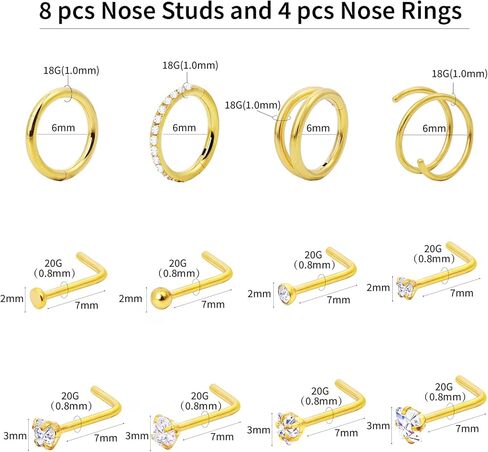 Gold Nose Rings Hoops for Women: Surgical Steel Nose Ring Packs - Nose Stud Nose Piercings Jewelry - 16G 20G 18 Gauge Double Hoop Nose ring - L Shaped Nose Rings for Men - Conch Septum Rings in Kuwait