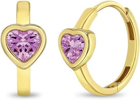 14k Yellow Gold Cubic Zirconia Sparkling Heart Hoop Earrings For Little Girls & Preteens 9mm - Tiny Hoop Earrings For Young Girls With Heart CZ's - Heart Shaped Children's Jewelry in Kuwait