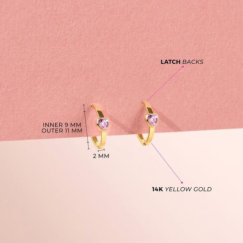 14k Yellow Gold Cubic Zirconia Sparkling Heart Hoop Earrings For Little Girls & Preteens 9mm - Tiny Hoop Earrings For Young Girls With Heart CZ's - Heart Shaped Children's Jewelry in Kuwait