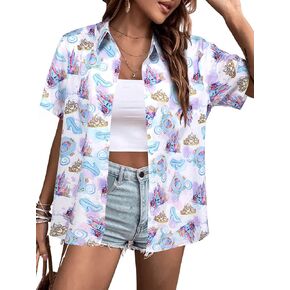 BANGELY Magic Shirt Women Magical Kingdom T-Shirt Funny Graphic Hawaiian Button Down Shirts Family Vacation Short Sleeve Tops