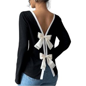 Women's Bow Open Back Cute T Shirt Crewneck Long Sleeve Casual Fall Shirt Tops