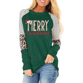 Merry Christmas Shirts Women Christmas Long Sleeve Blouse Leopard Print T Shirt Xmas Striped Fall Tee Tops