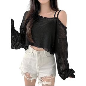 GORGLITTER Women's One Shoulder Long Sleeve T-Shirt Sheer Crochet Cover Up with Straps