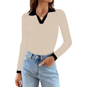 Rapbin Women's V Neck Long Sleeve Ribbed Knit Pullover Sweater Slim Fitted Casual Basic Tee Tops