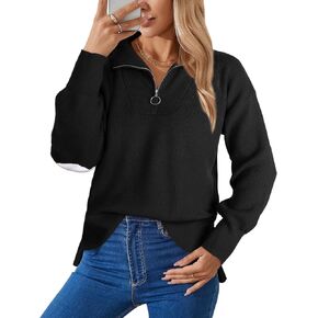 Women's Zipper Collar Pullover Sweaters Long Sleeve Loose Casual Cute Heart Knitted Sweater
