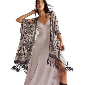 WeHello Women's Burnout Velvet Kimono Long Cardigan Cover Up with Tassel Lunar Rock