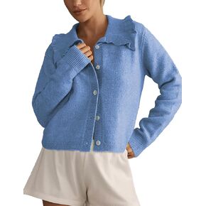 Womens Ruffle Cropped Sweater Open Front Outerwear Elegant Long Sleeve Knitted Cardigan Solid Button Jacket Fall Tops